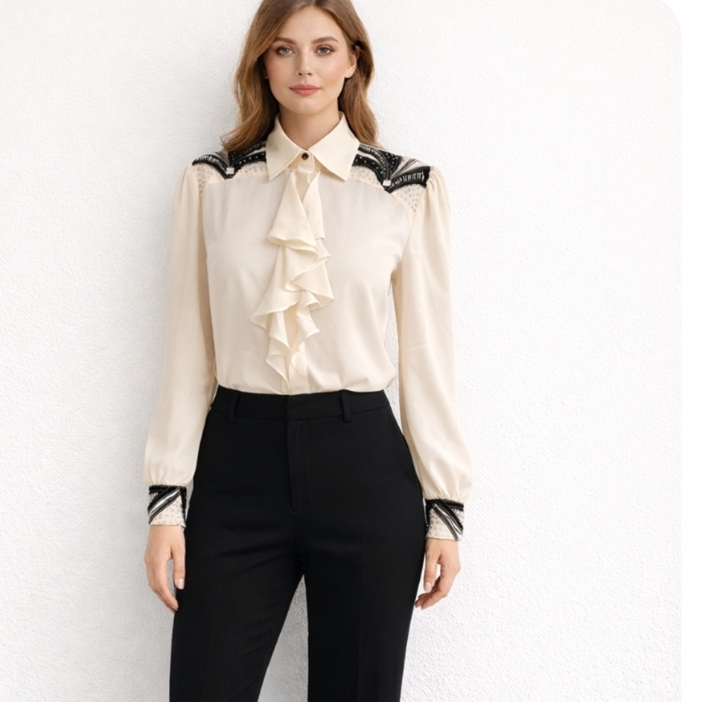 Bianca | Vintage Ivory Black Embellished Frill Blouse